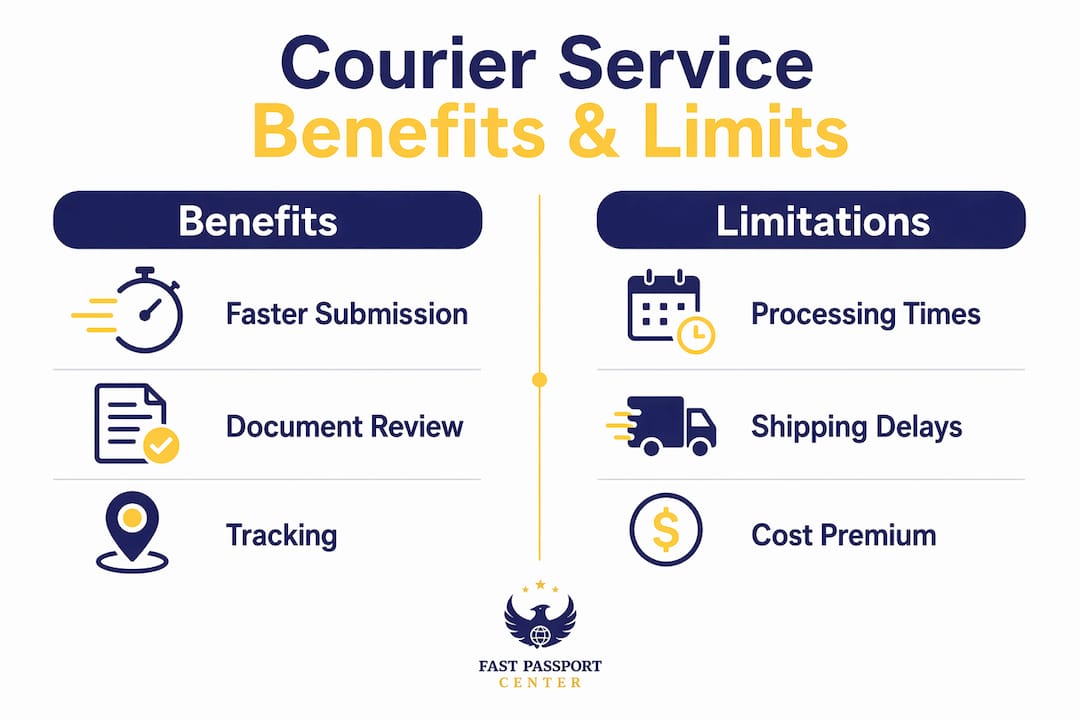 Infographic comparing benefits and limitations of passport courier service