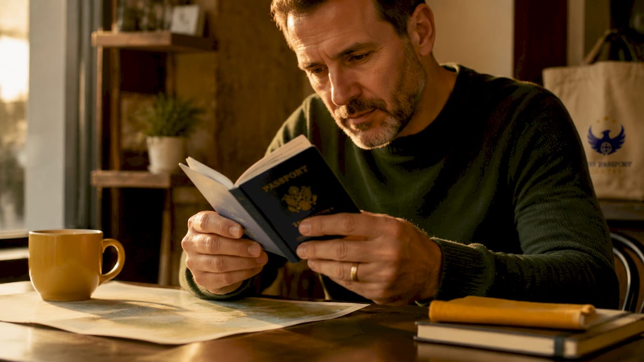 Hands holding opened passport on cluttered desk