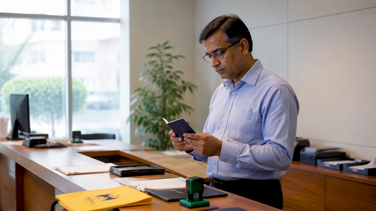 Consular officer stamping emergency passport