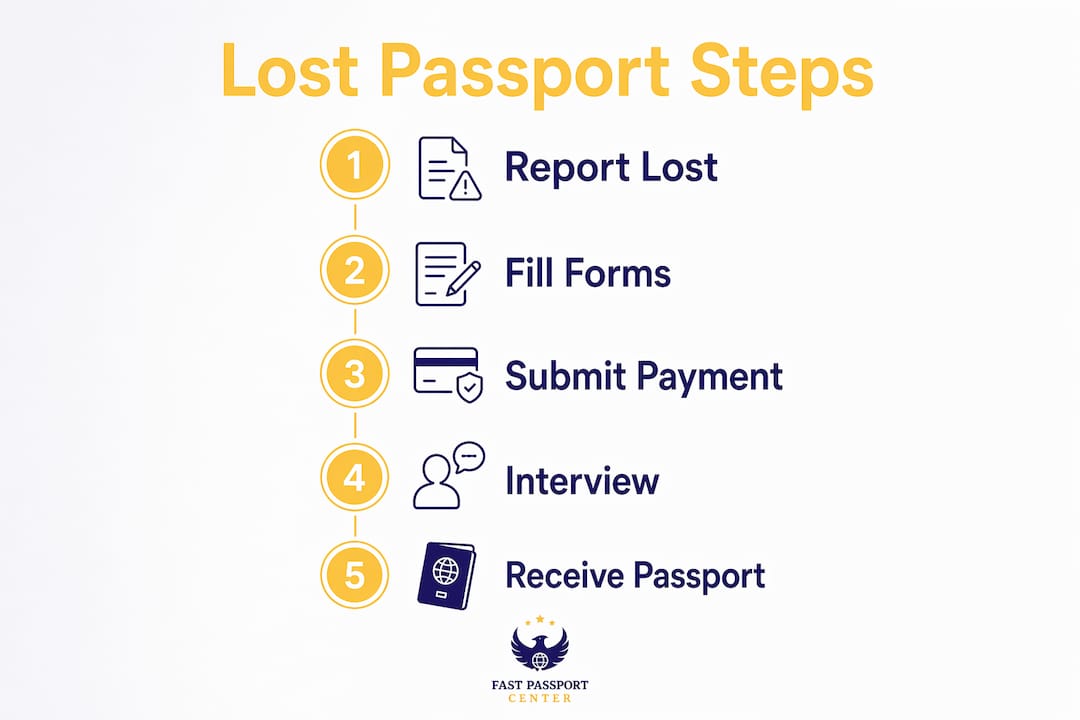 Infographic showing 5 steps to replace lost passport
