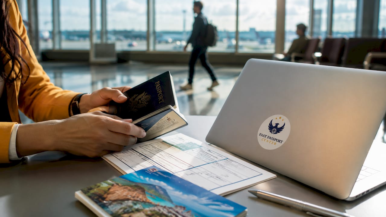 Hands holding second US passport at desk