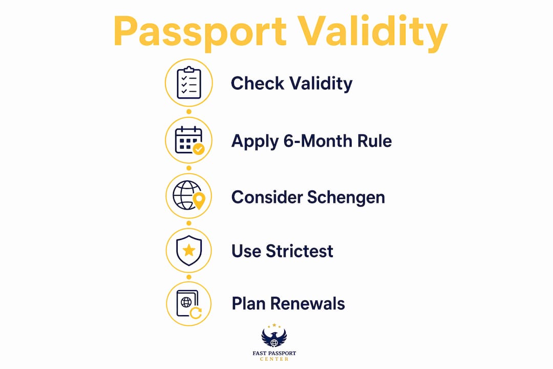 Infographic showing passport validity rules and steps