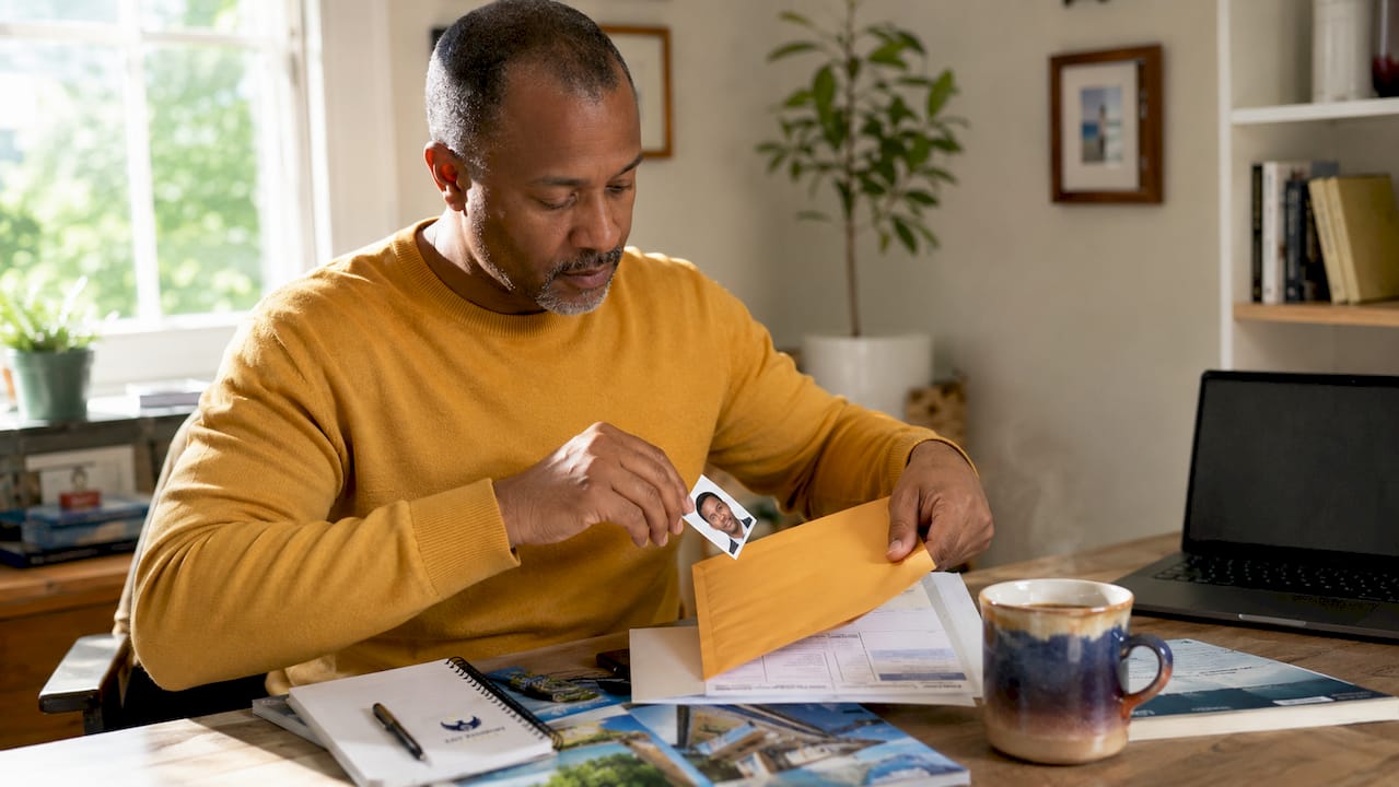 Hands placing renewal form into mail envelope