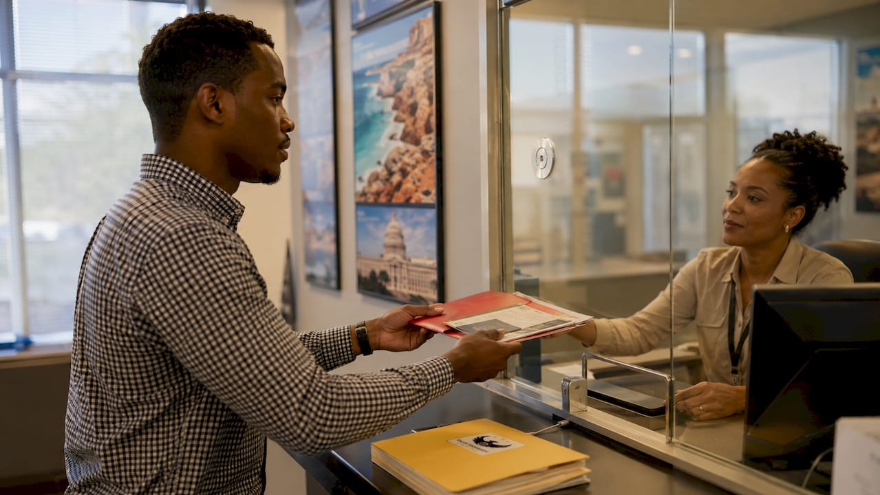 Man submitting emergency travel documents at consulate window