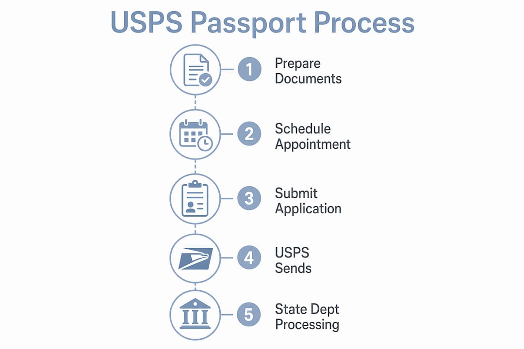 Infographic showing USPS passport application steps