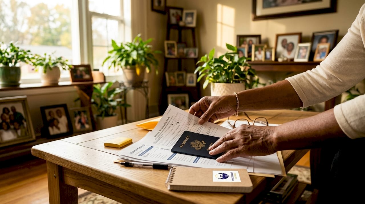Hands sorting passport documents on table