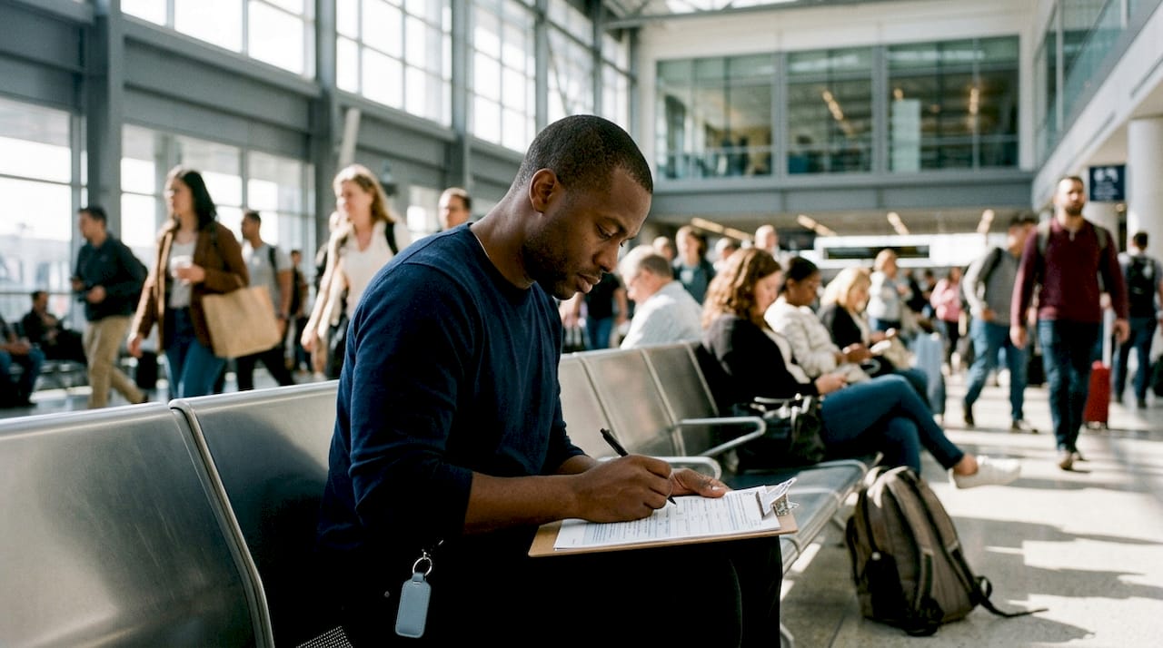 Man filling passport form with warrant risk
