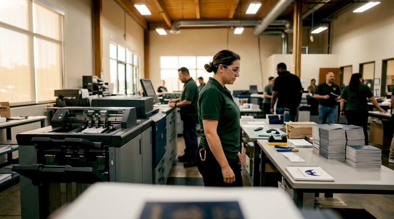 Technician overseeing passport printing machine