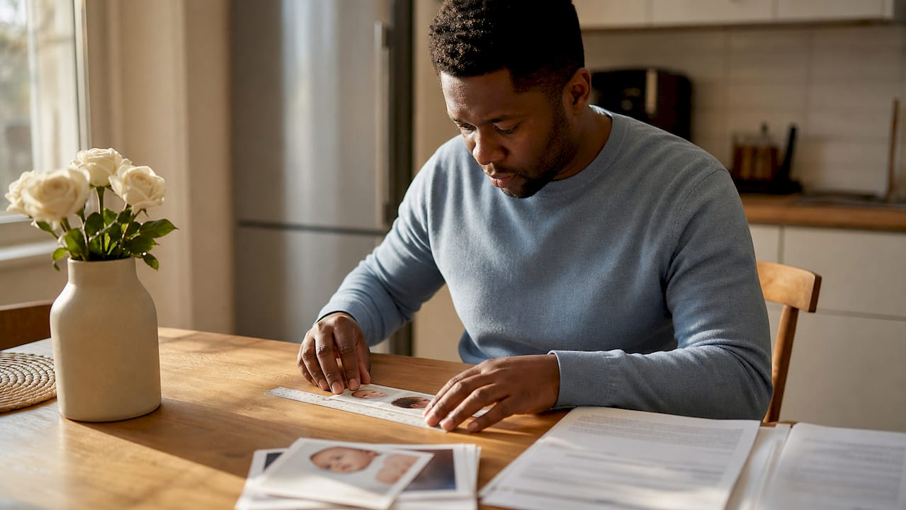 Hands preparing infant passport photo materials at home