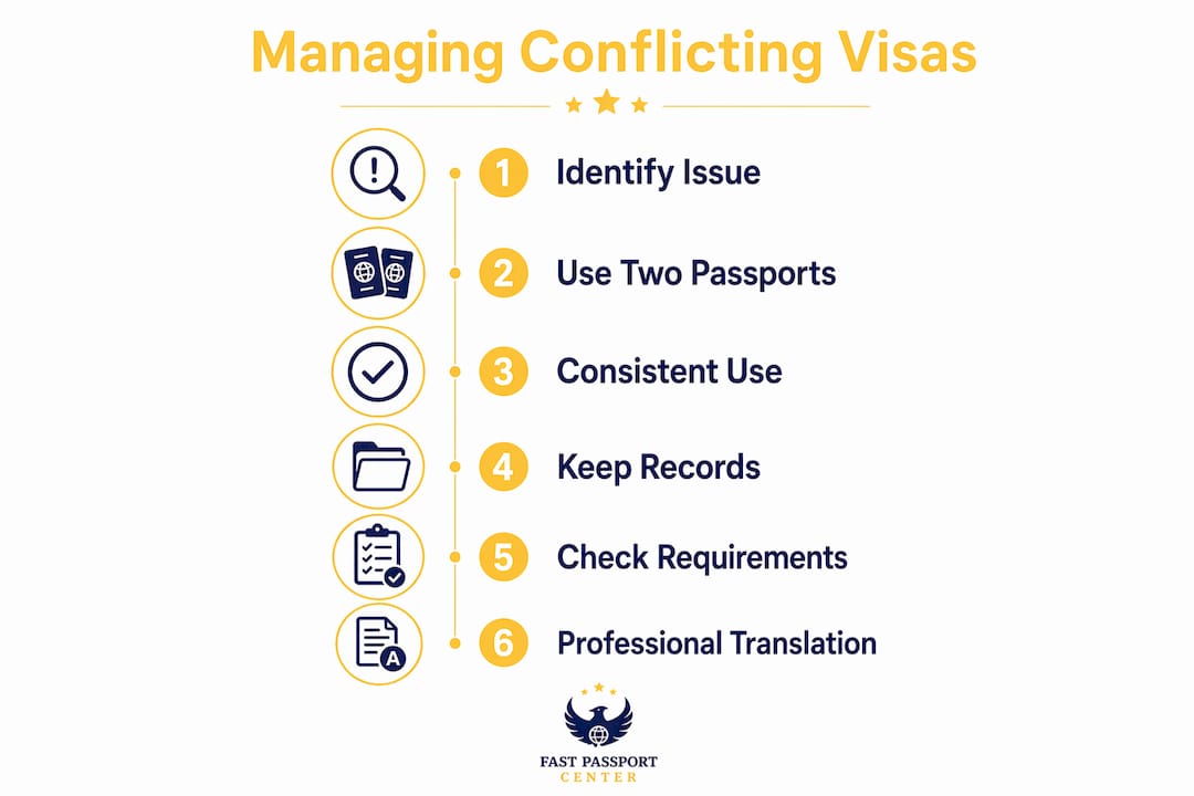 Infographic illustrating steps to manage conflicting visa stamps