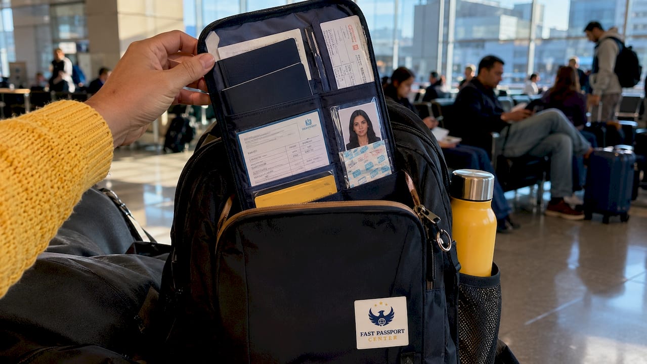 Close-up of travel document pouch on hotel desk