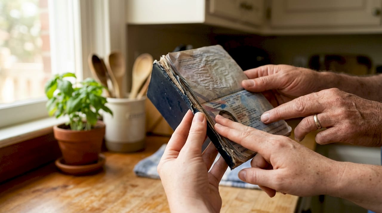 Close-up hands inspecting moldy passport
