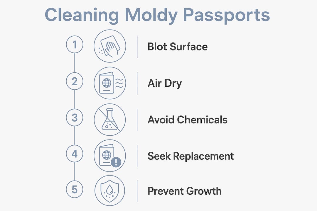 Infographic illustrating steps to clean moldy passport