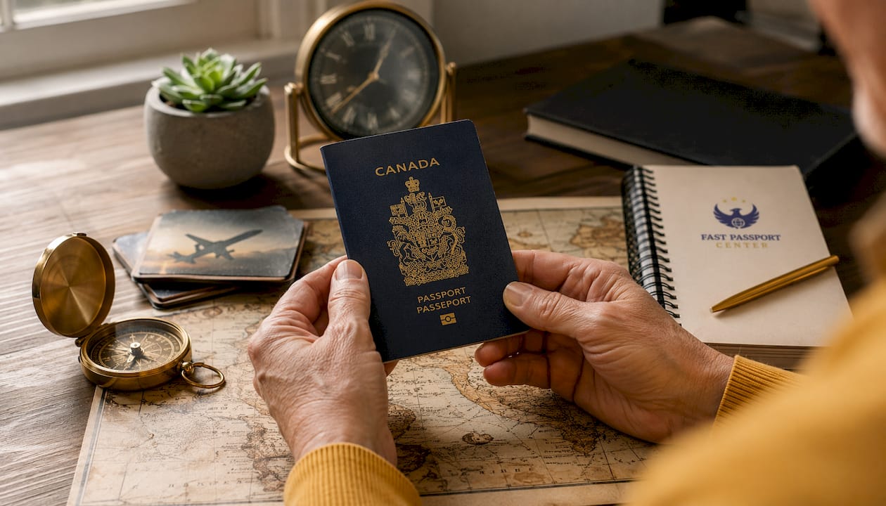 Close-up of hands holding Canadian passport and guarantee notice