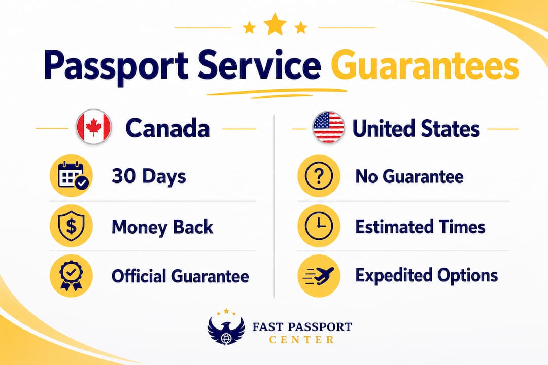 Infographic comparing passport service guarantees: Canada vs United States