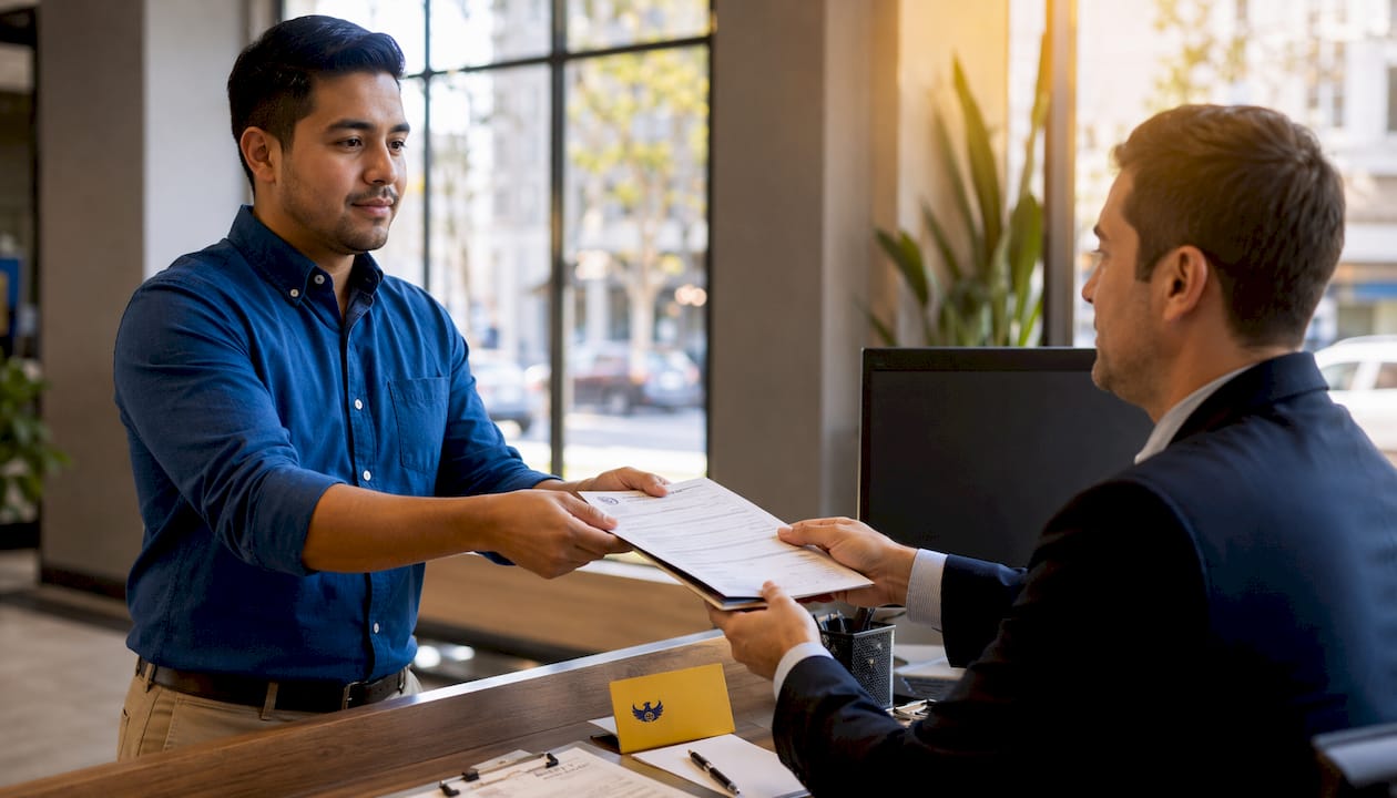 Applicant submitting passport application documents indoors