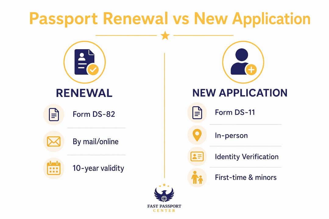 Infographic comparing passport renewal and new application
