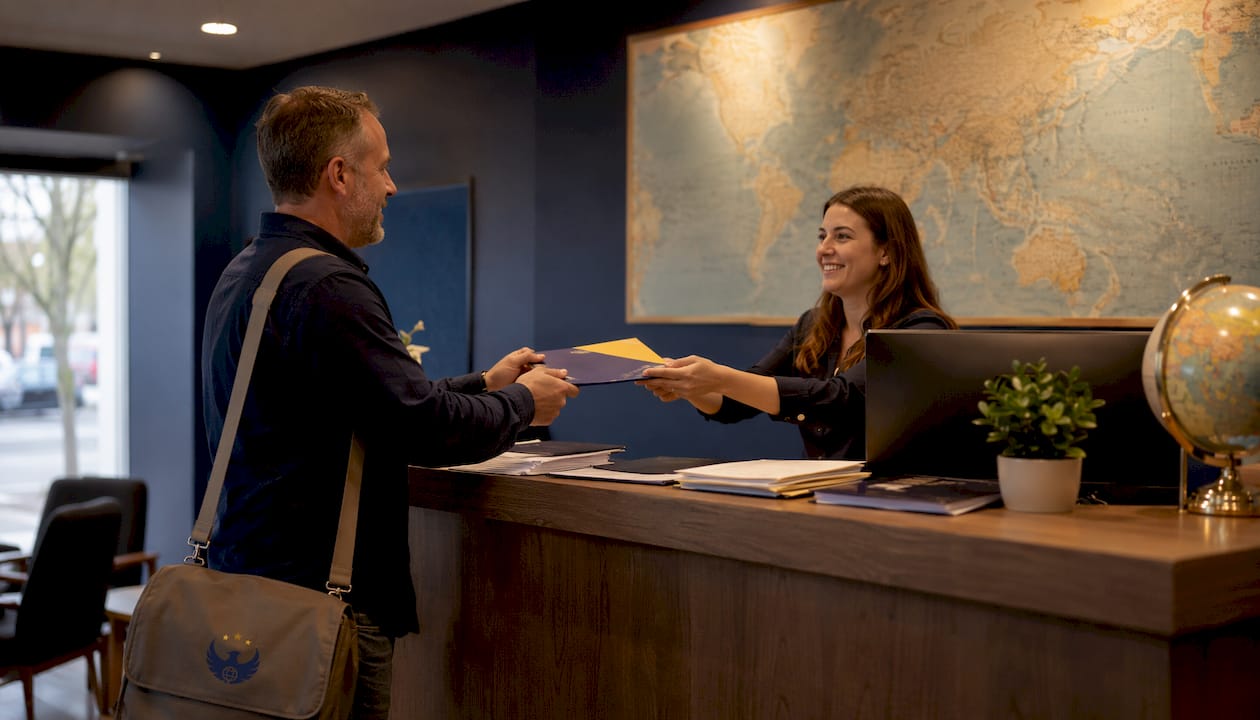 Man receiving documents at passport service office