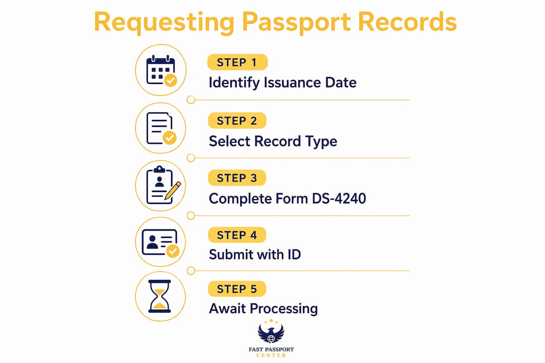 Infographic outlining steps to request passport issuance records