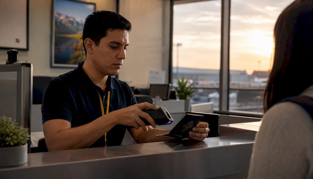 Border agent scanning U.S. passport MRZ at checkpoint