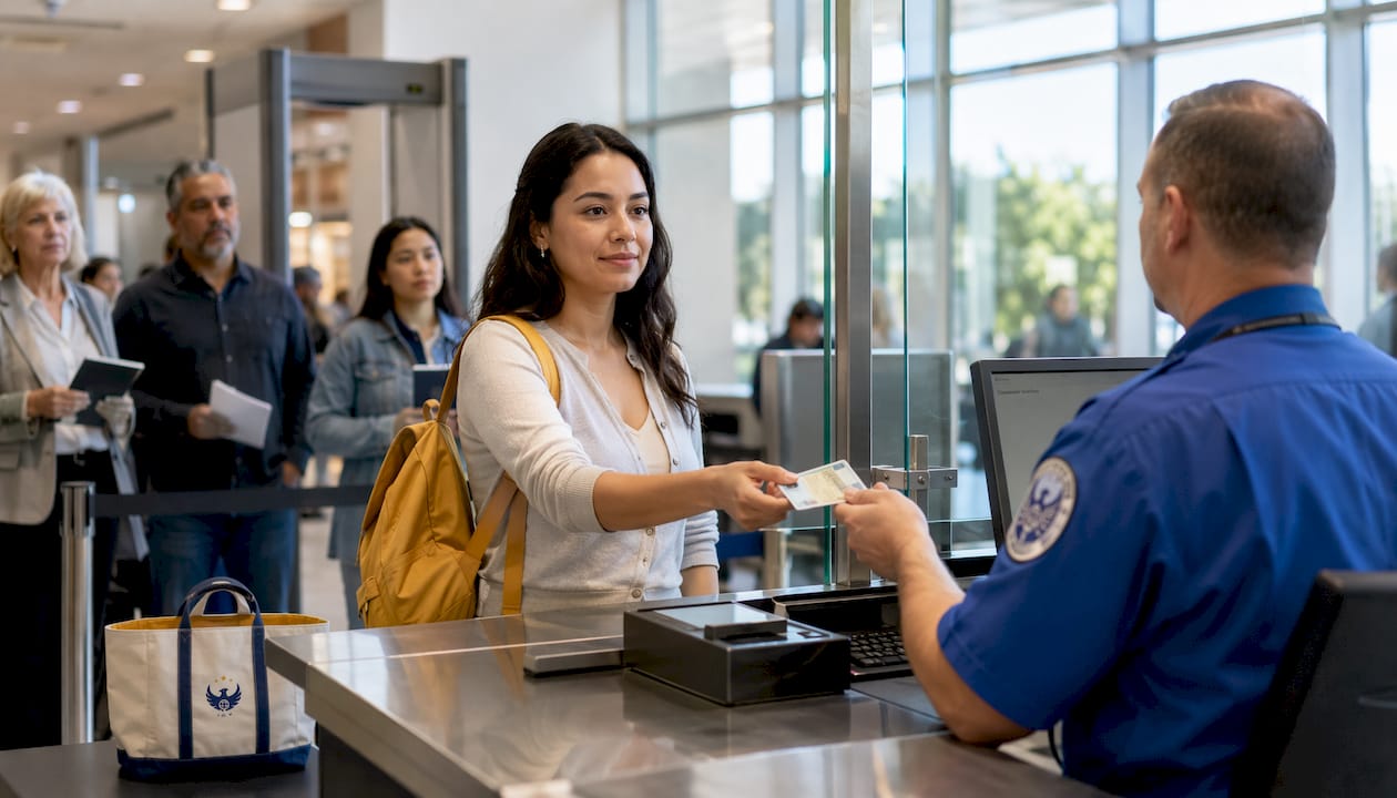 Man at security check-in in passport agency lobby