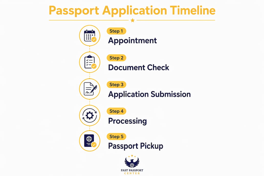 Timeline infographic of passport application steps