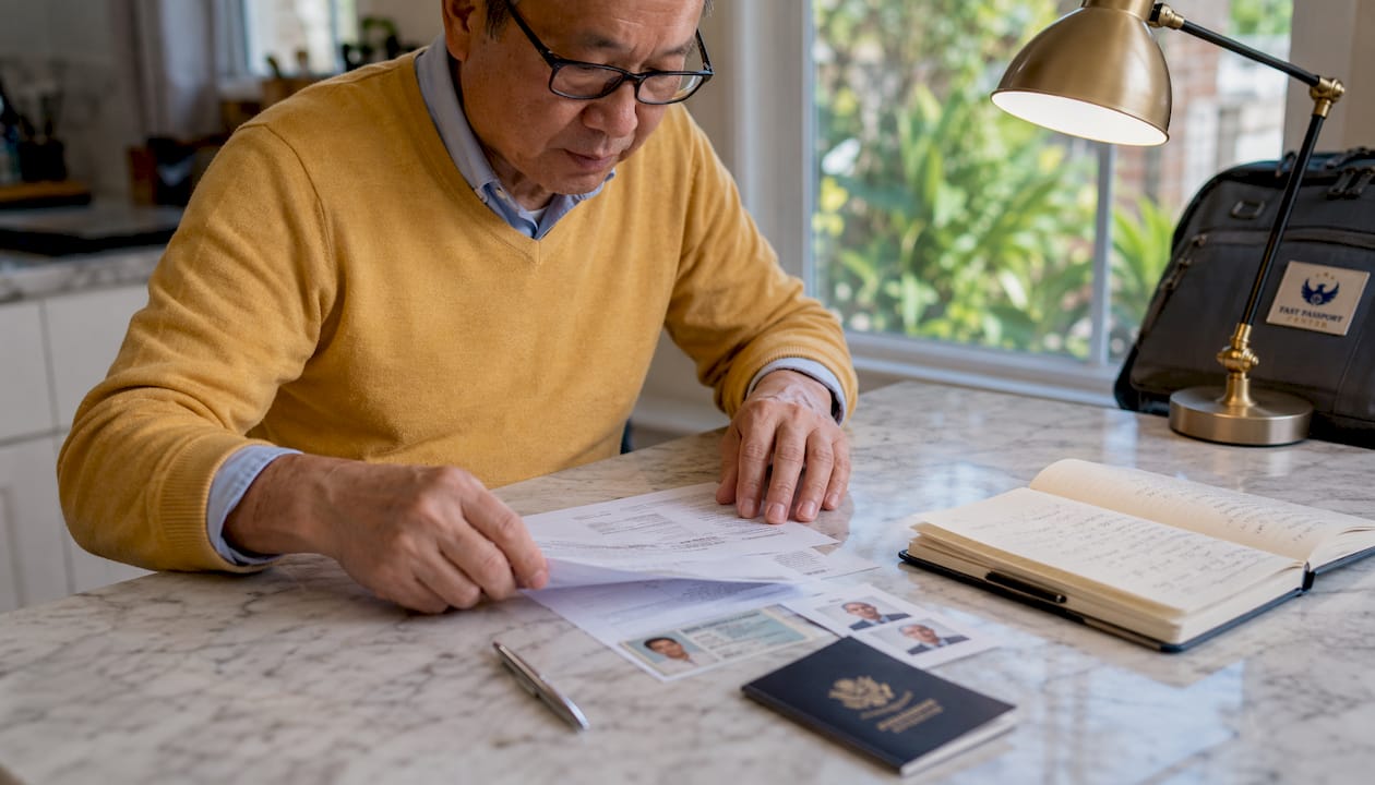Hands arranging passport renewal documents on desk