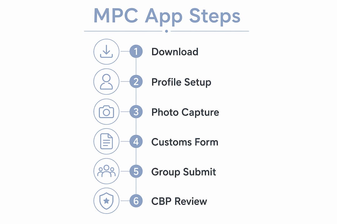 Infographic illustrating six steps to use the mobile passport control app