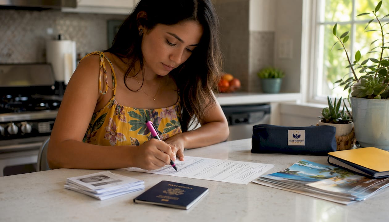 Hands holding completed passport renewal form on desk