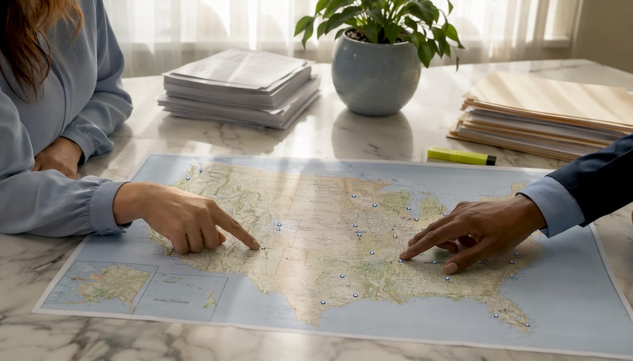 Hands pointing at US passport agency map