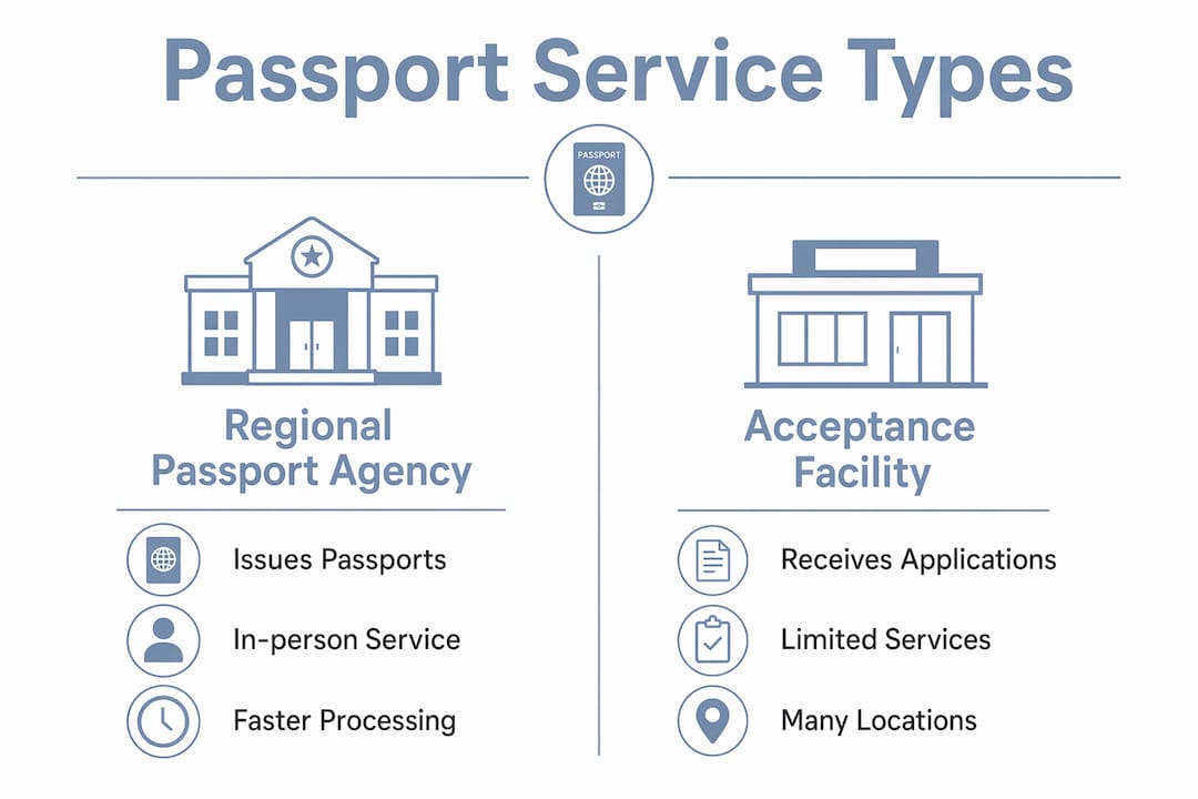 Comparison infographic of passport agencies and acceptance facilities