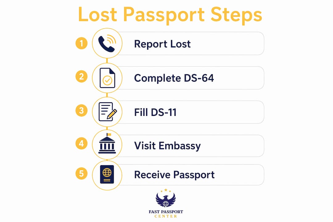 Infographic outlining lost passport replacement steps