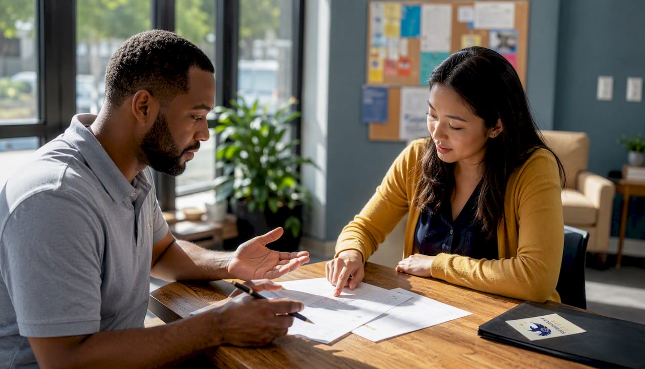 Father and agent reviewing passport consent documents