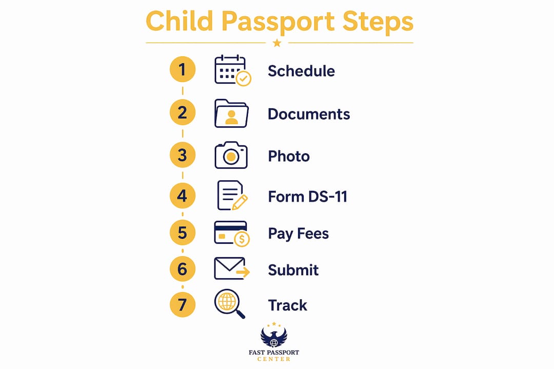 Infographic showing step-by-step child passport application process