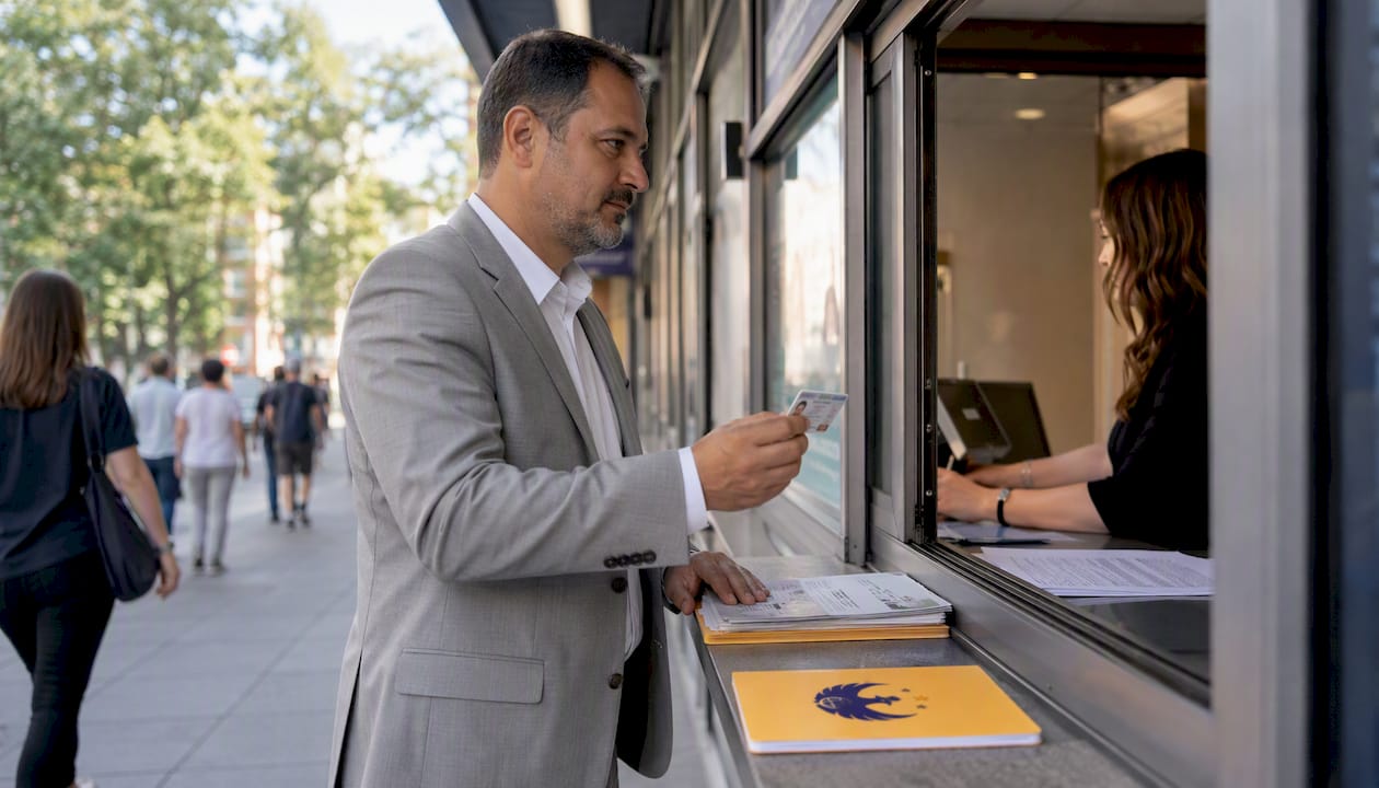 Man presenting ID at passport acceptance desk