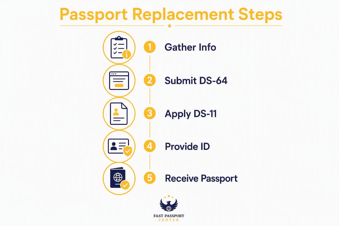 Infographic outlining passport replacement process steps