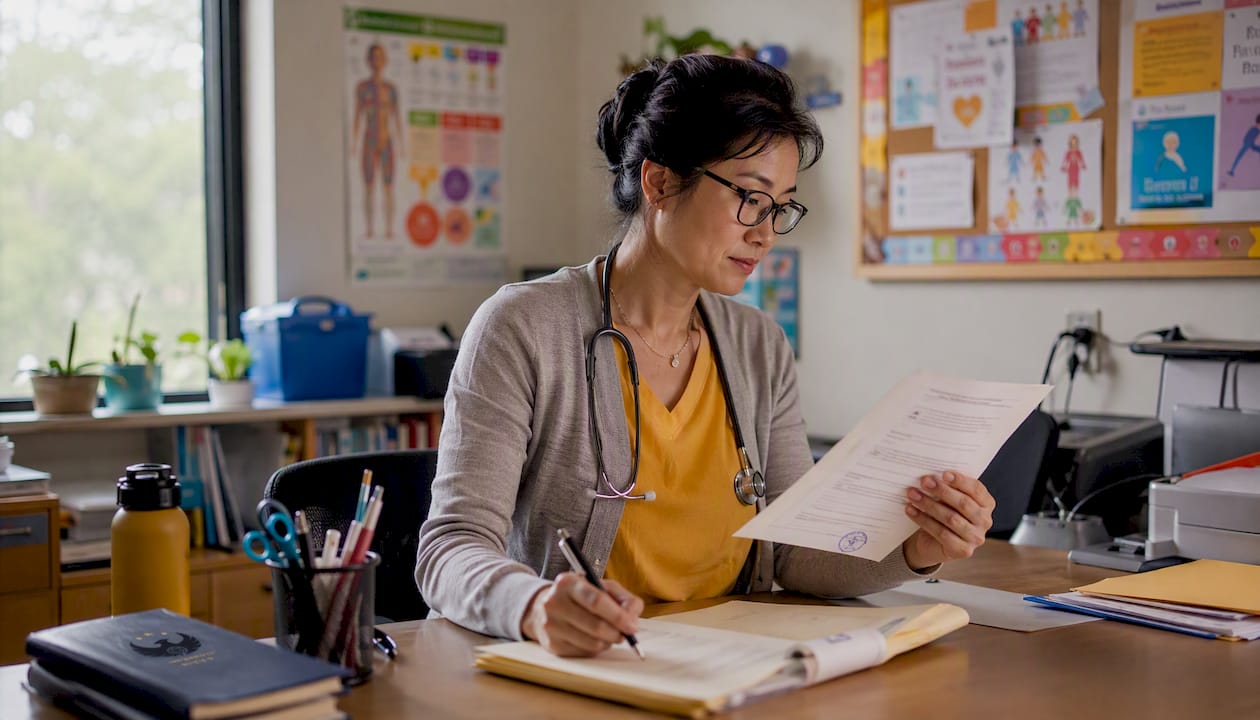 School nurse reviewing notarized parental consent
