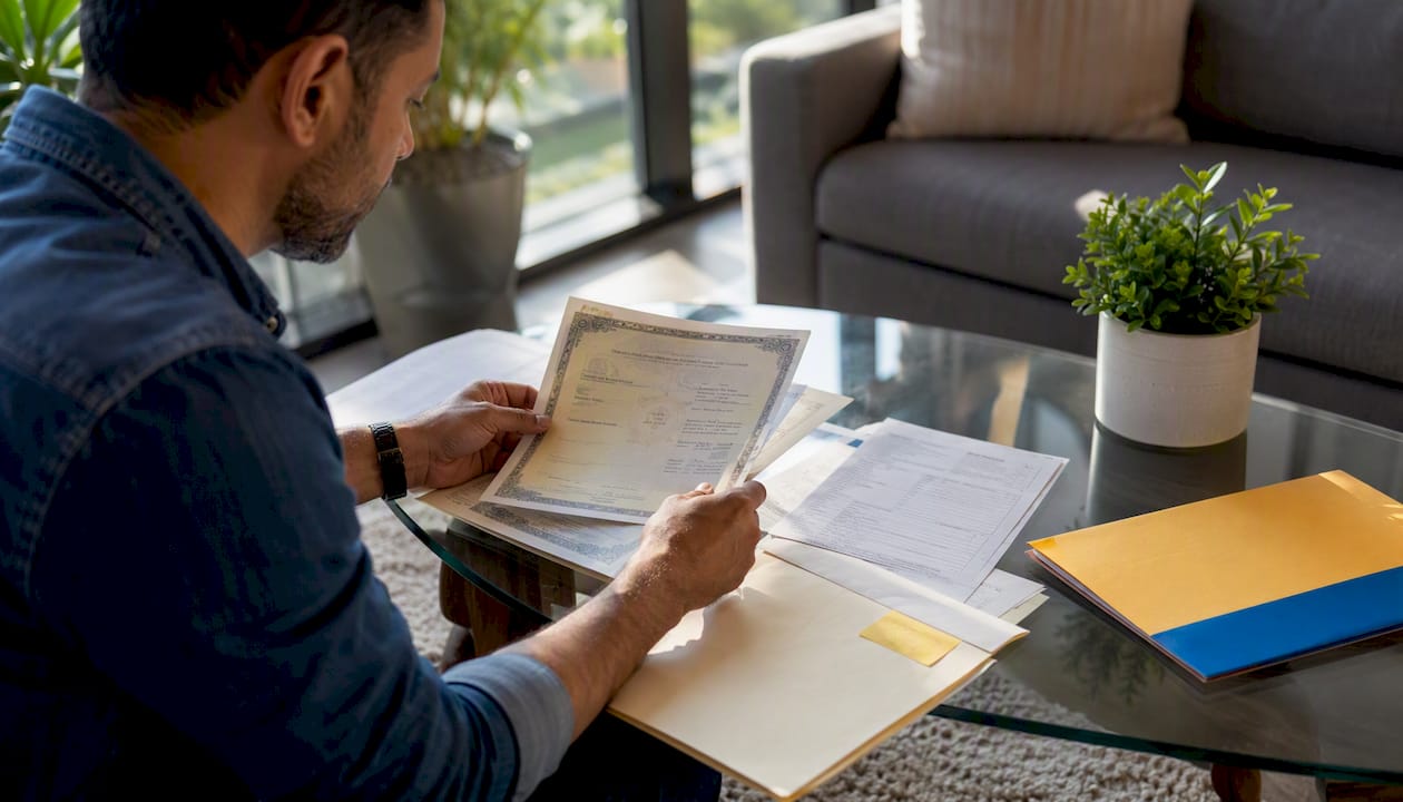 Father organizing child's passport documents