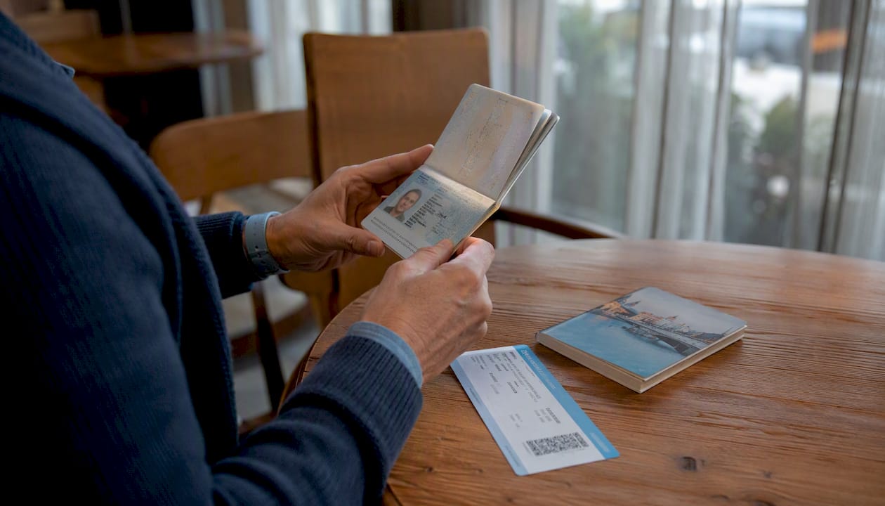 Hands holding biometric passport and boarding pass