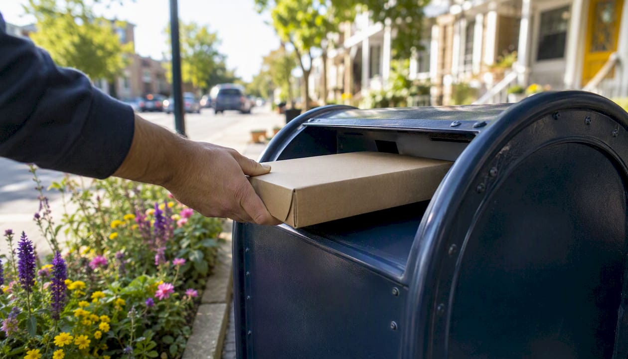 Courier placing a shipment in mailbox