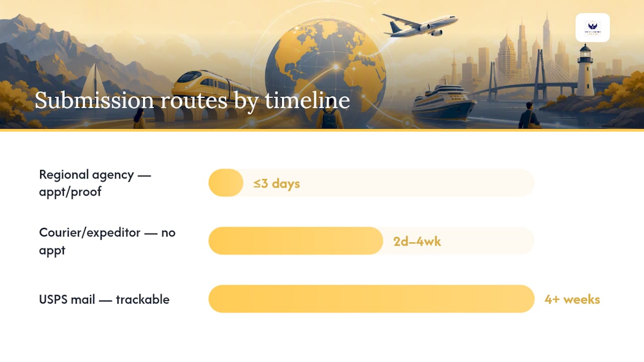 Passport submission timeline and methods infographic