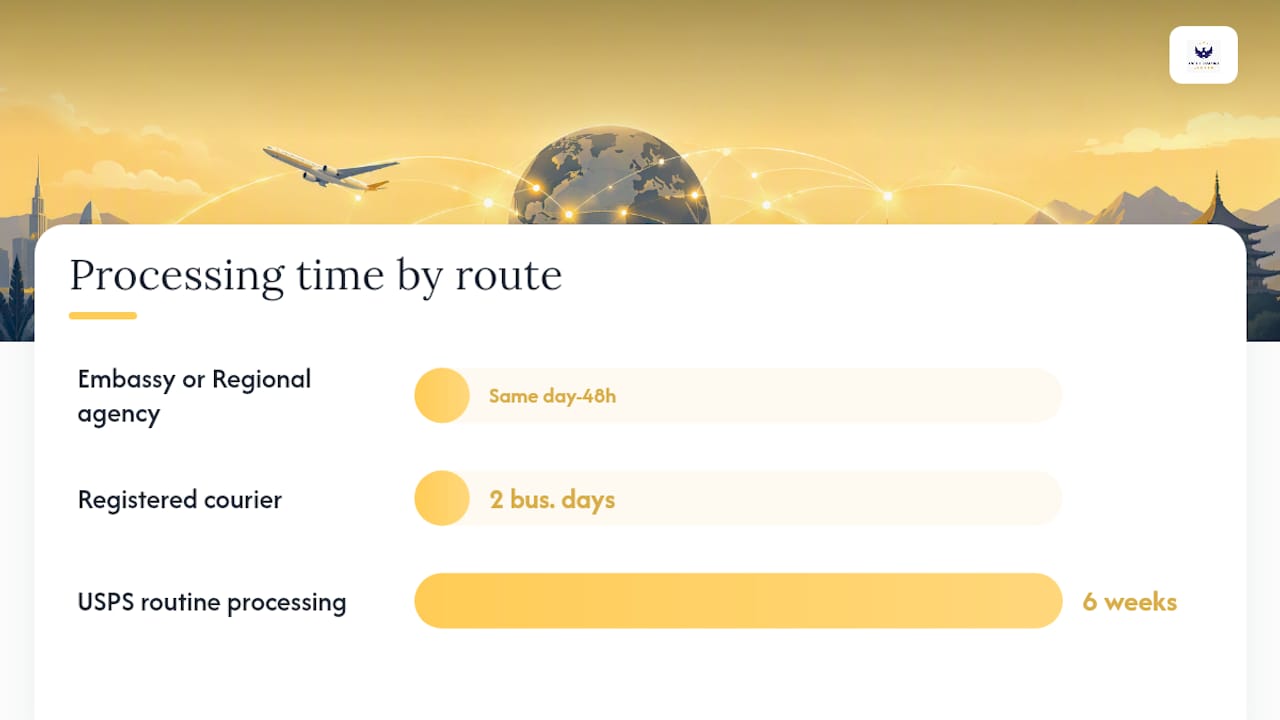 Diagram comparing passport replacement options by speed and method