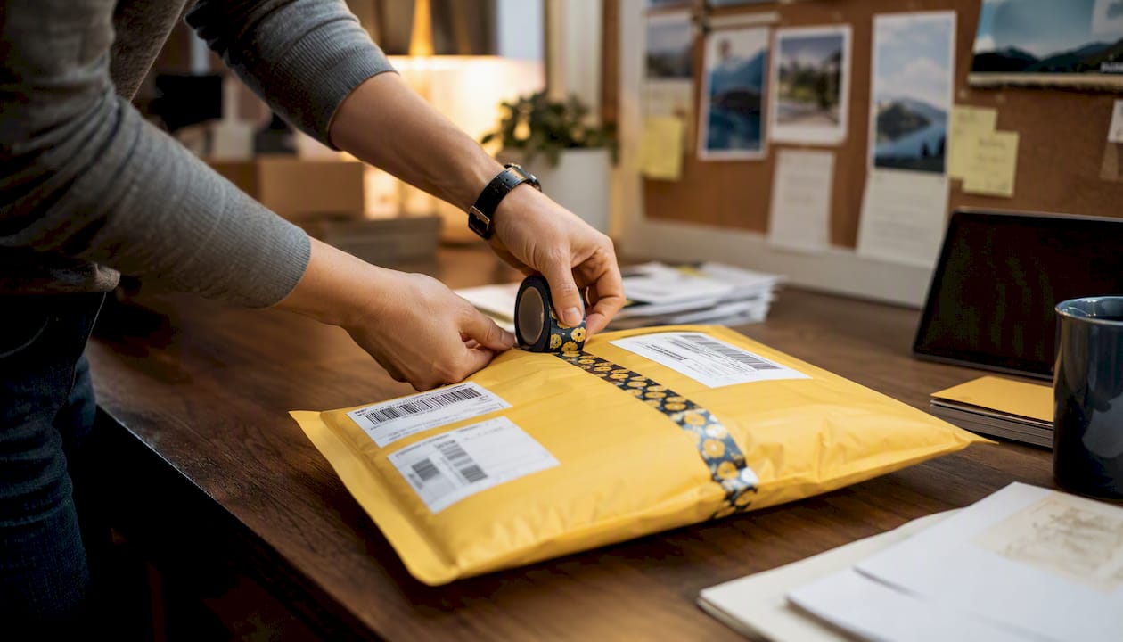 Priority mail envelope sealed with tracking labels