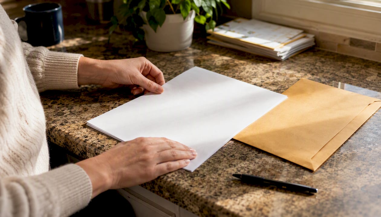Hands assembling mail-in passport application