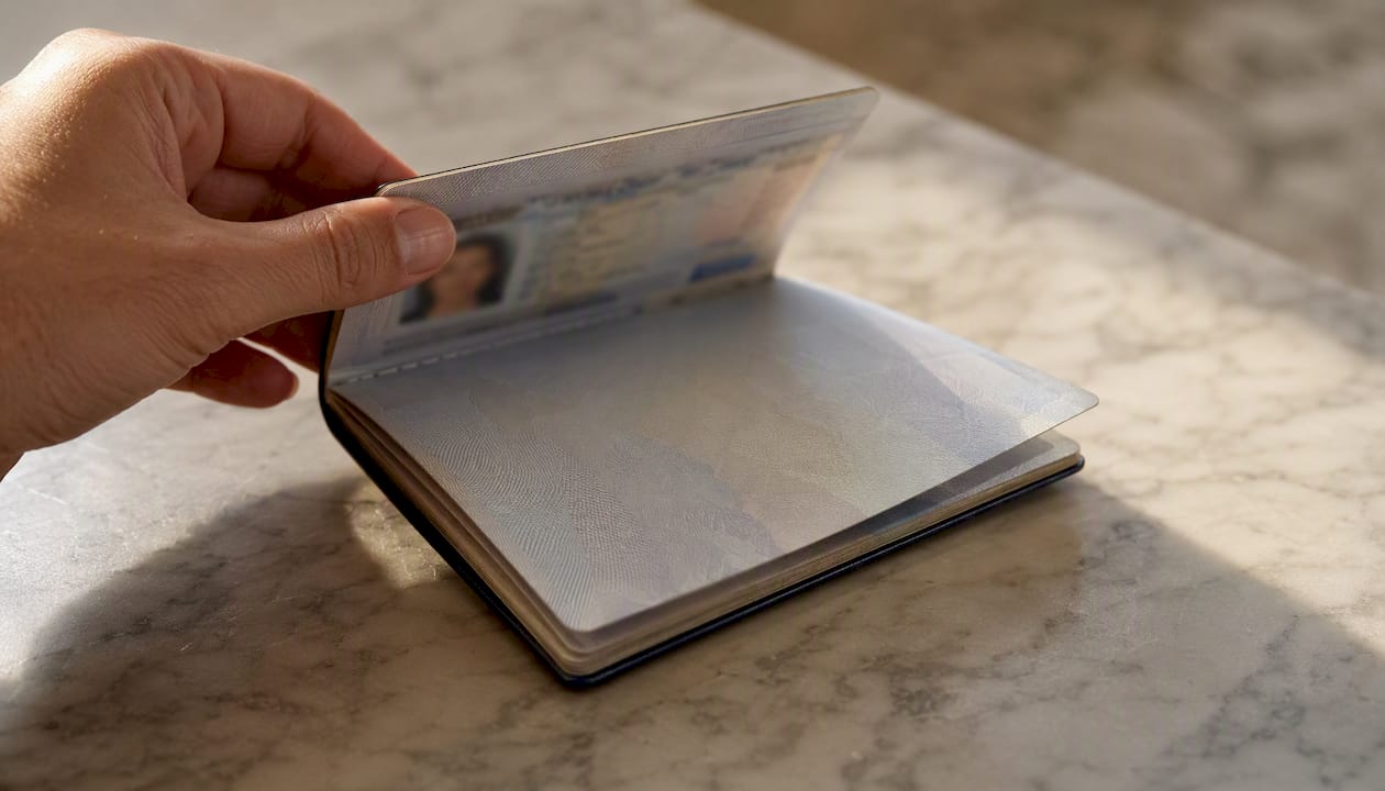 Hand turning from passport data page to blank visa pages