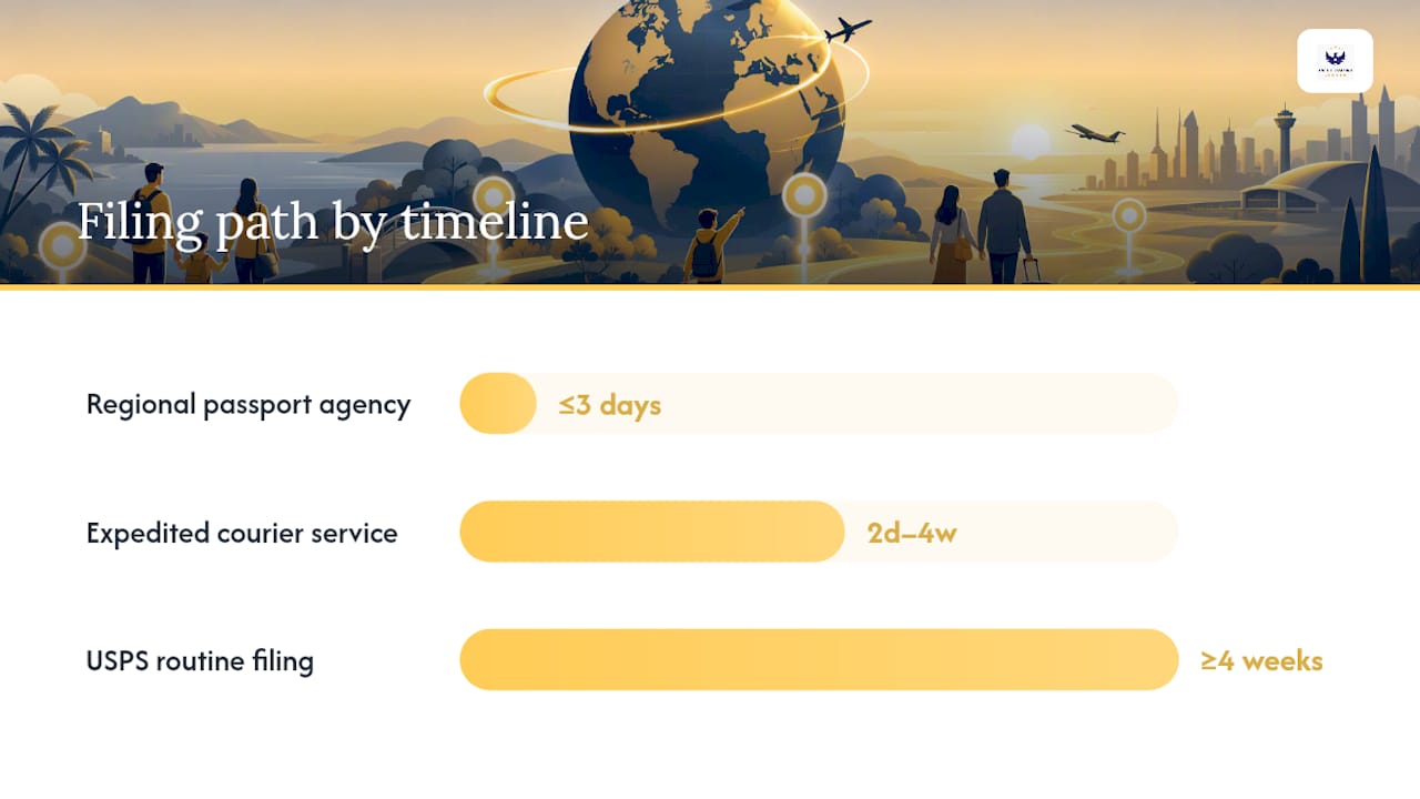 Diagram showing passport application timelines and filing methods