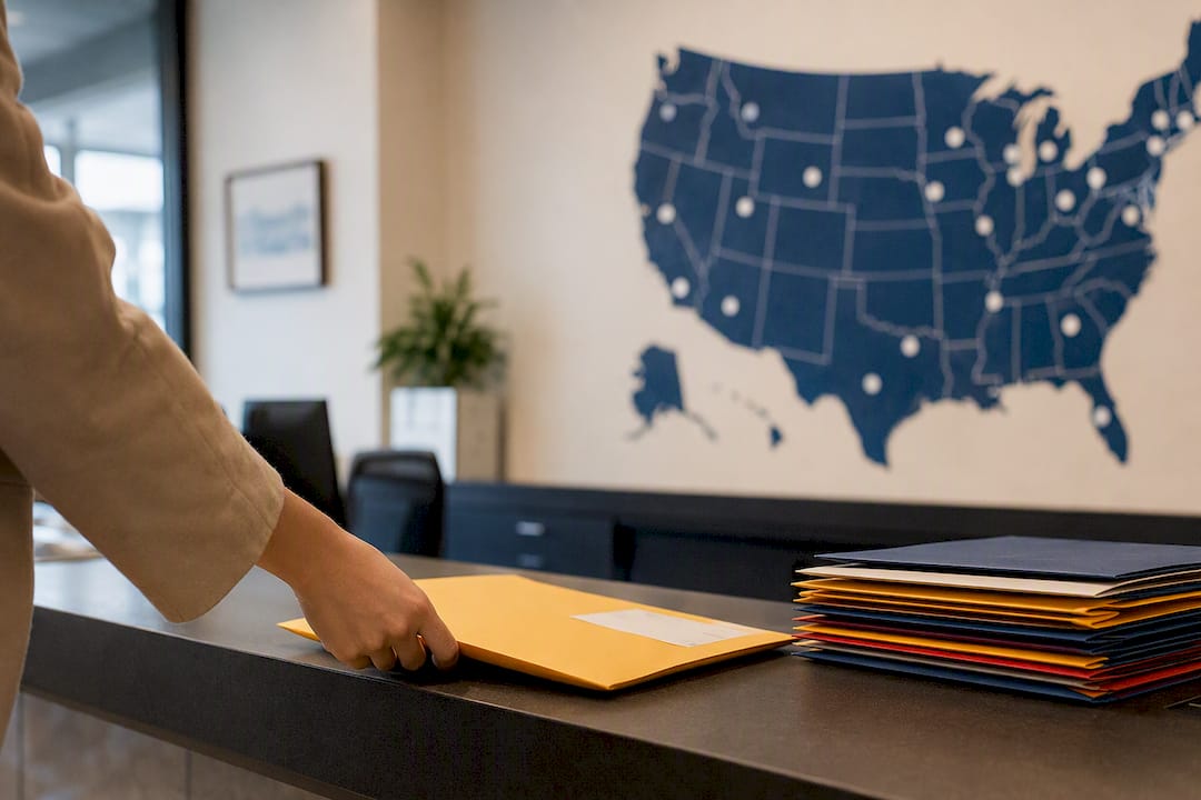 Courier package drop-off at passport center counter