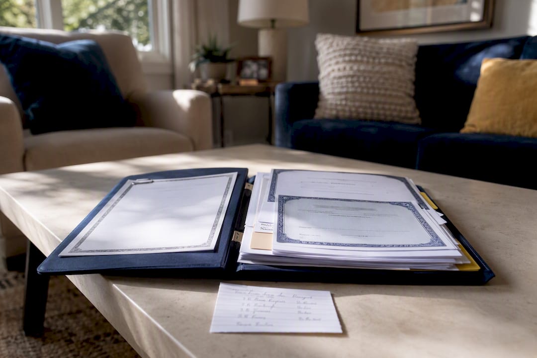 Folder with certified legal documents and timeline