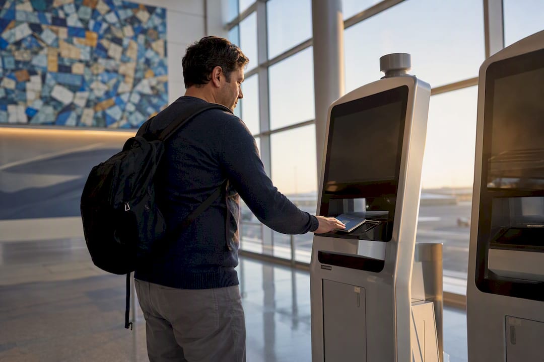 Traveler using Global Entry kiosk at airport