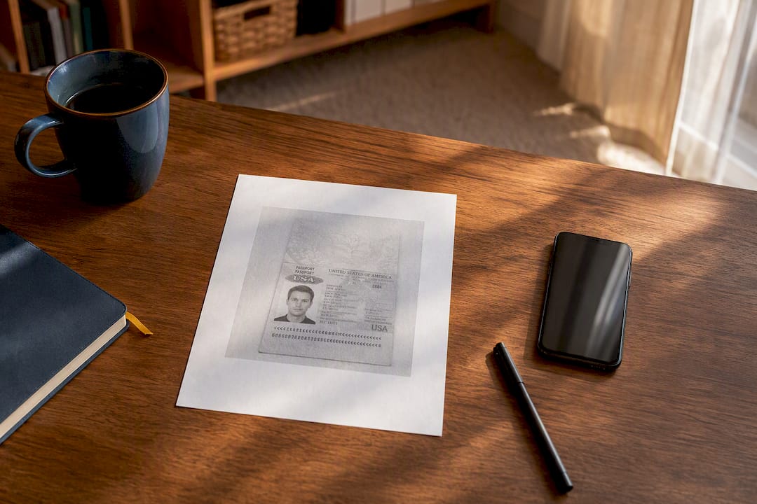 Photocopy of passport data page on desk